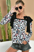 BiBi Leopard Shoulder Tie Long Sleeve Top - Hovatok