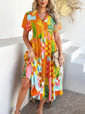Devine Printed Johnny Collar Button Down Short Sleeve Midi Shirt Dress - Hovatok