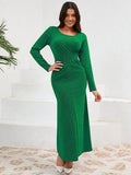 Ruched Round Neck Long Sleeve Dress - Hovatok