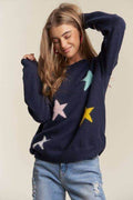 ADORA Stars Pattern Round Neck Drop Shoulder Sweater - Hovatok