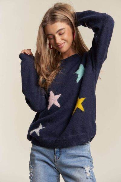 ADORA Stars Pattern Round Neck Drop Shoulder Sweater - Hovatok
