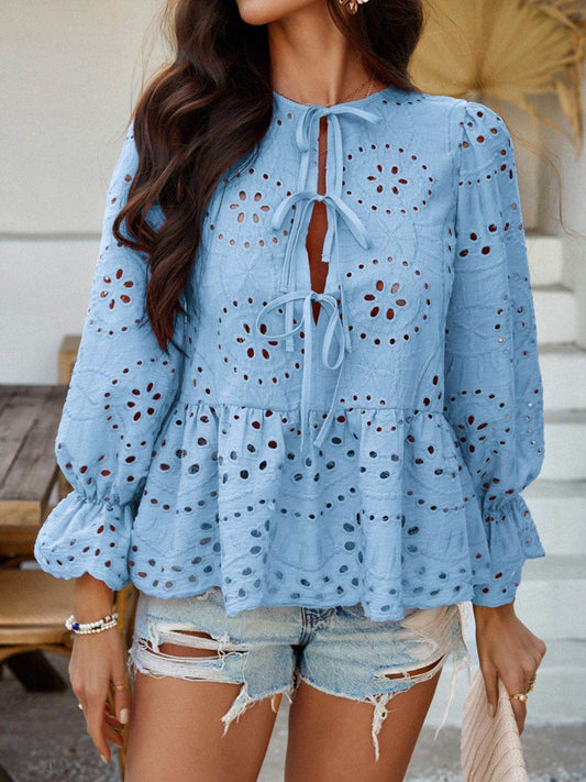 Devine Tie Front Flounce Sleeve Peplum Blouse - Hovatok