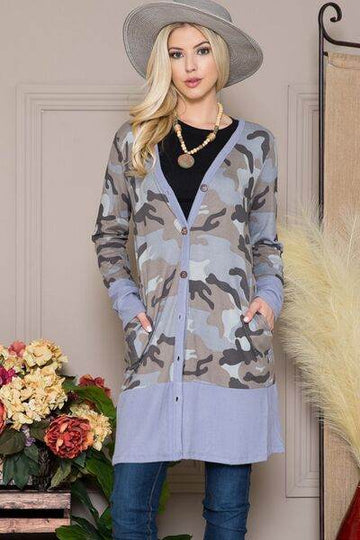 Celeste Full Size Camouflage Button Up Long Sleeve Cardigan Plus Size - Hovatok