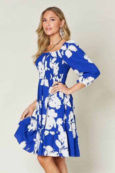 Double Take Full Size Floral Ruffle Hem Smocked Dress with Pockets - Hovatok