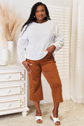 Shiny Eyelet Dropped Shoulder Round Neck Blouse - Hovatok