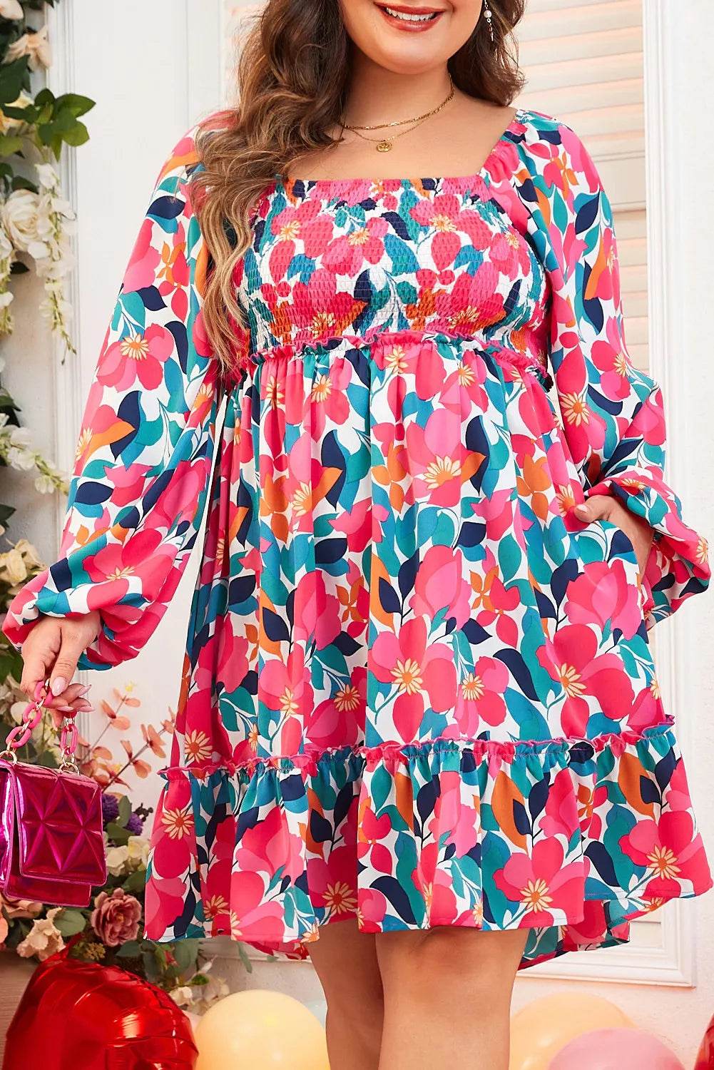 Plus Size Smocked Floral Square Neck Balloon Sleeve Dress - Hovatok