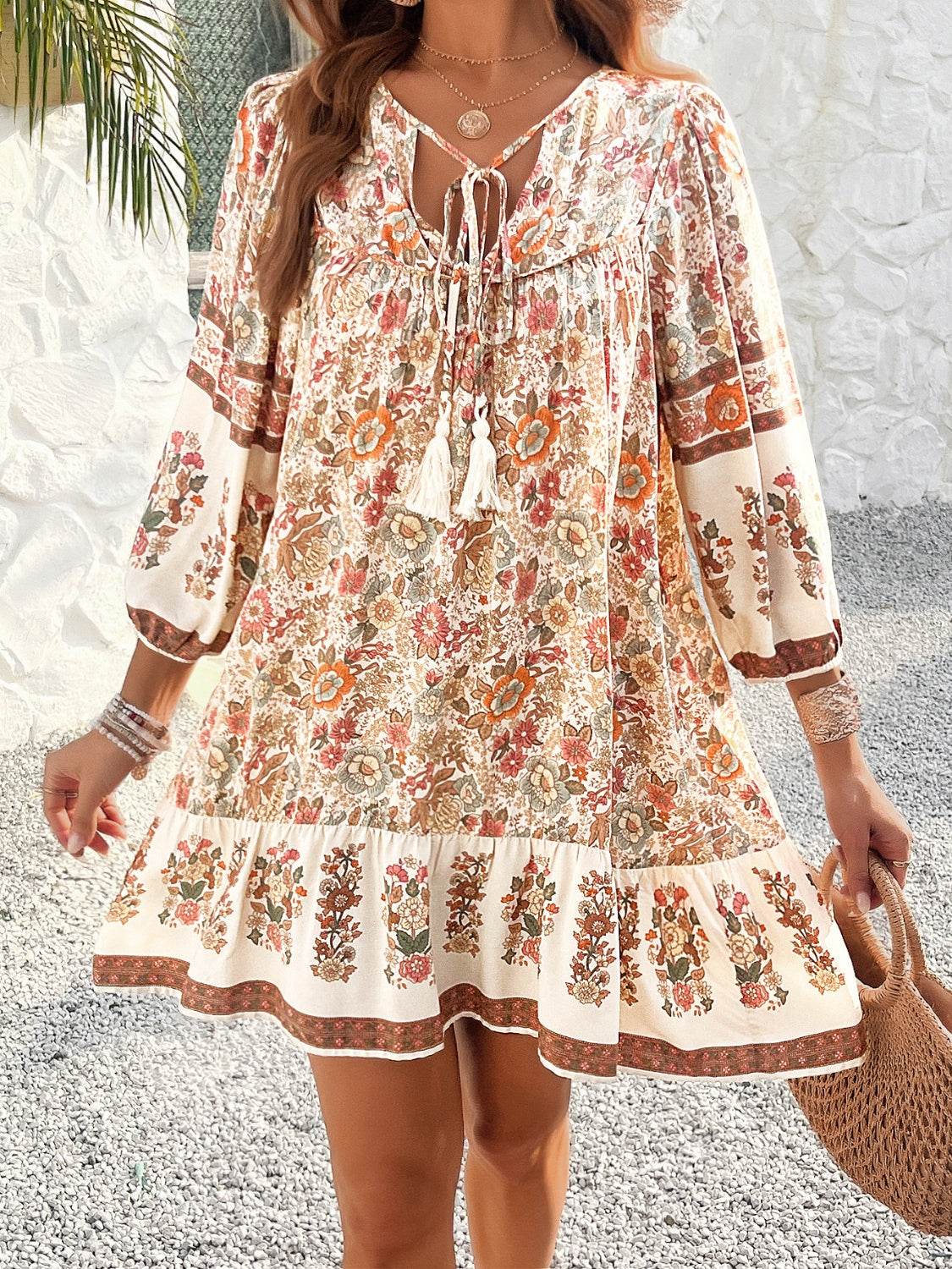 Devine Tassel Floral Tie Neck Mini Dress - Hovatok