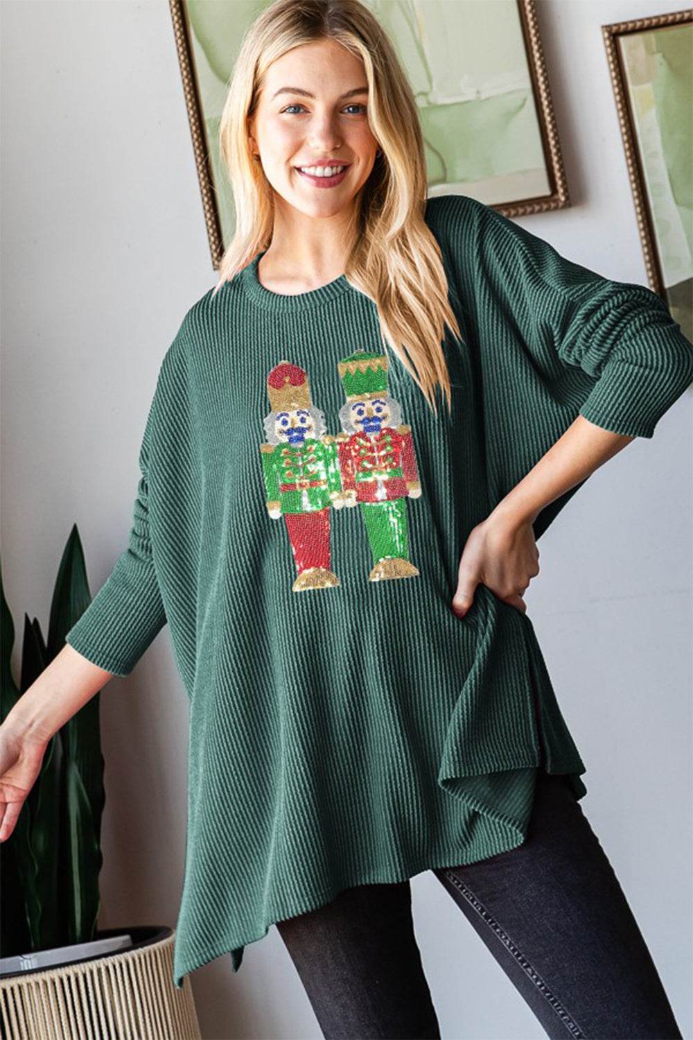 Heimish Sequin Nutcracker Long Sleeve Ribbed Top - Hovatok