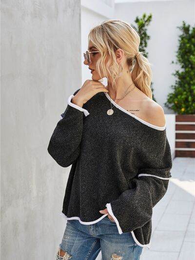 Angel Wings Boat Neck Dropped Shoulder Sweater - Hovatok