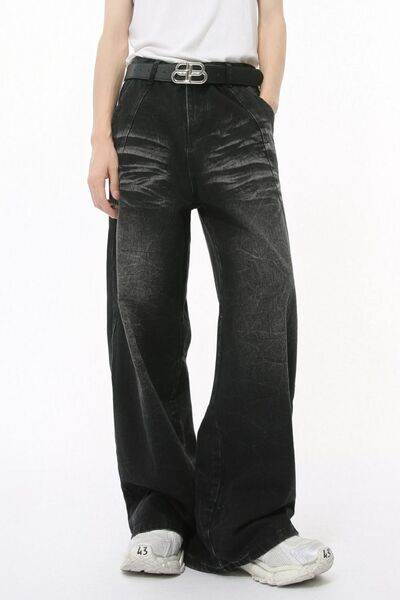 Washed Cat Whiskered Wide Leg Jeans - Hovatok