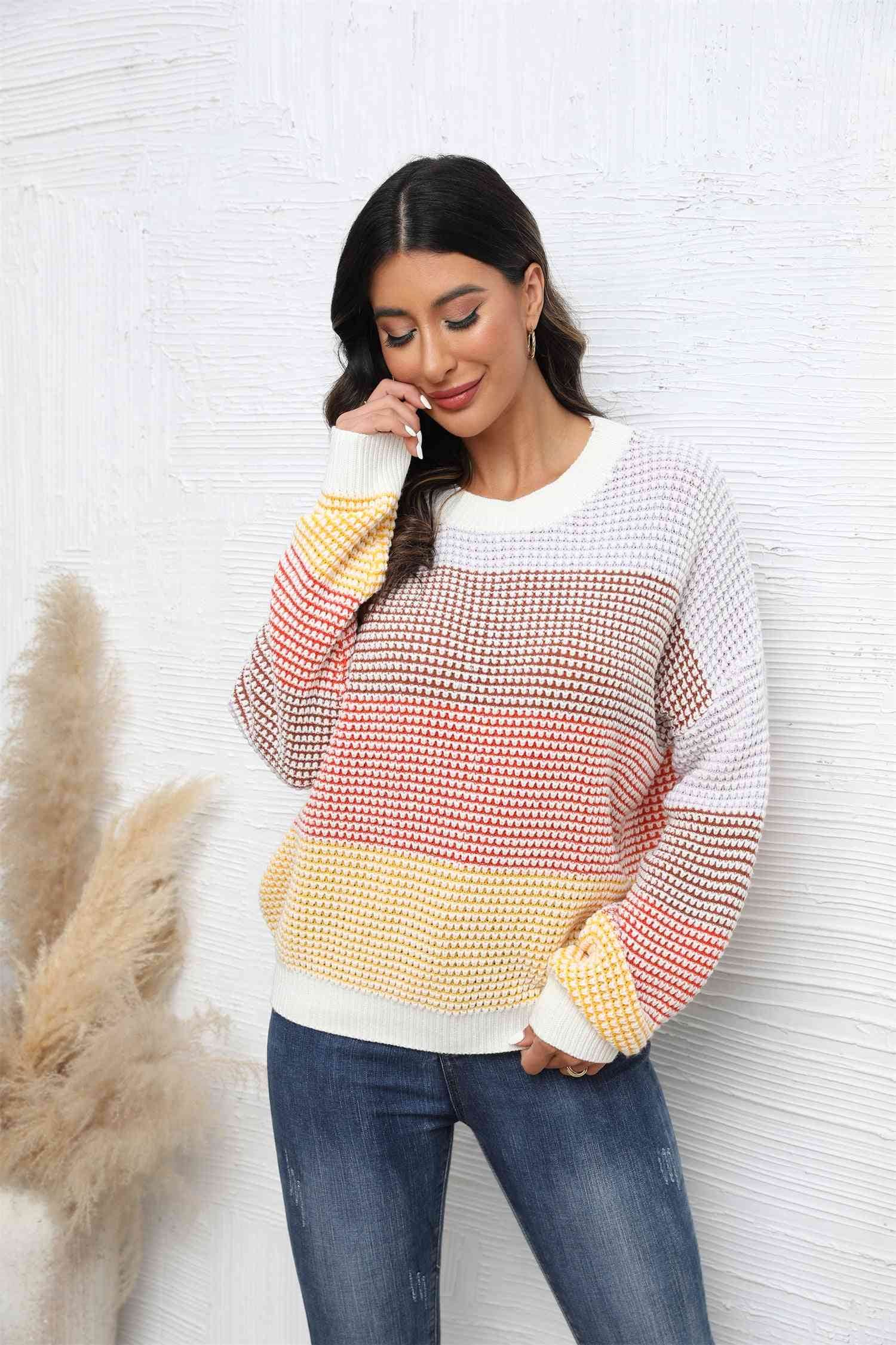 Angel Wings Waffle-Knit Round Neck Dropped Shoulder Color Block Sweater - Hovatok