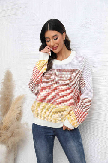 Angel Wings Waffle-Knit Round Neck Dropped Shoulder Color Block Sweater - Hovatok