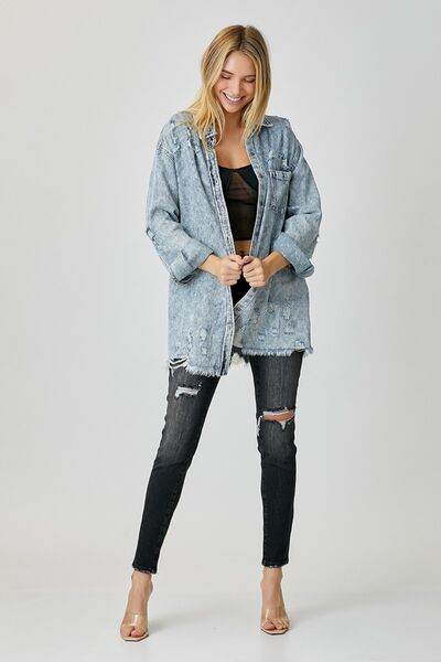 RISEN Distressed Raw Hem Denim Shirt - Hovatok
