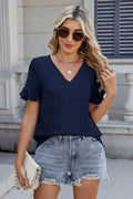 Ruffled V-Neck Short Sleeve Blouse - Hovatok