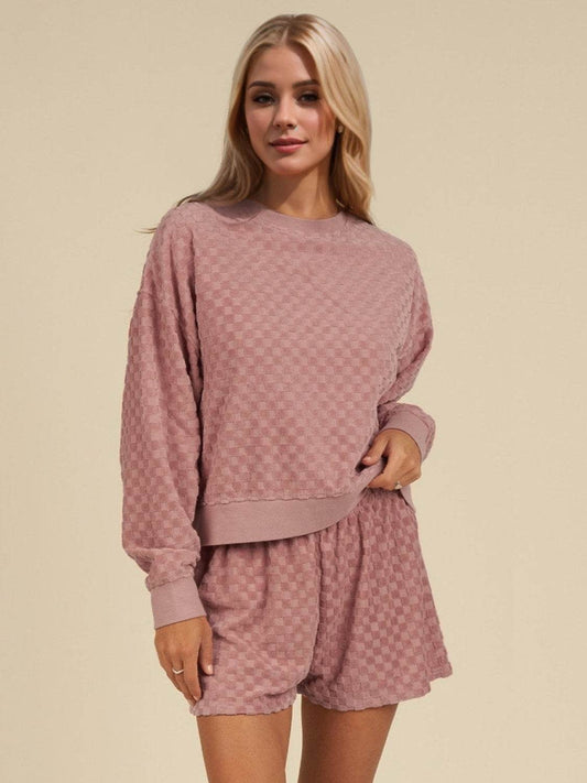 Oh Checkered Round Neck Long Sleeve Top and Shorts Set - Hovatok