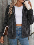 Checkered Texture Zip Up Drawstring Fuzzy Jacket - Hovatok