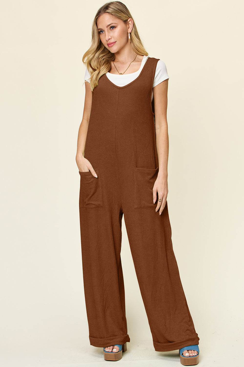 Double Take Full Size Texture Sleeveless Wide Leg Jumpsuit - Hovatok