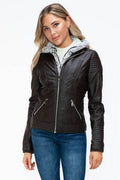 YMI Faux Layered Double-Zipper Jacket with Fuzzy Hood - Hovatok