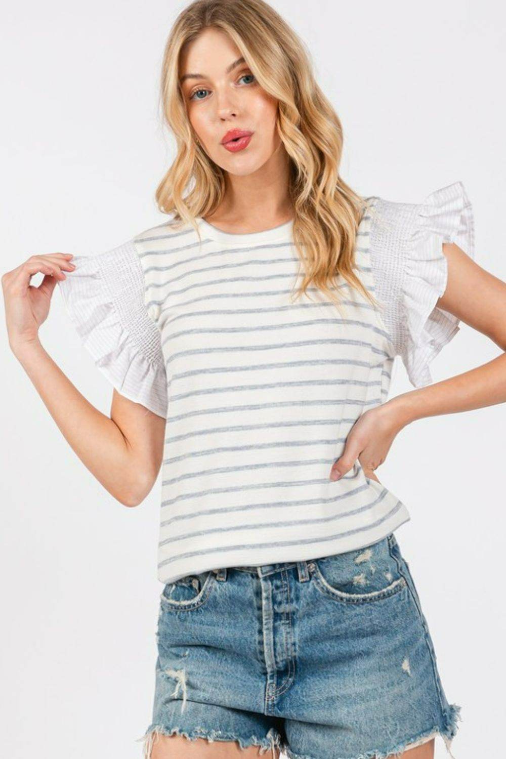 Ces Femme Contrast Striped Ruffled Cap Sleeve Blouse - Hovatok