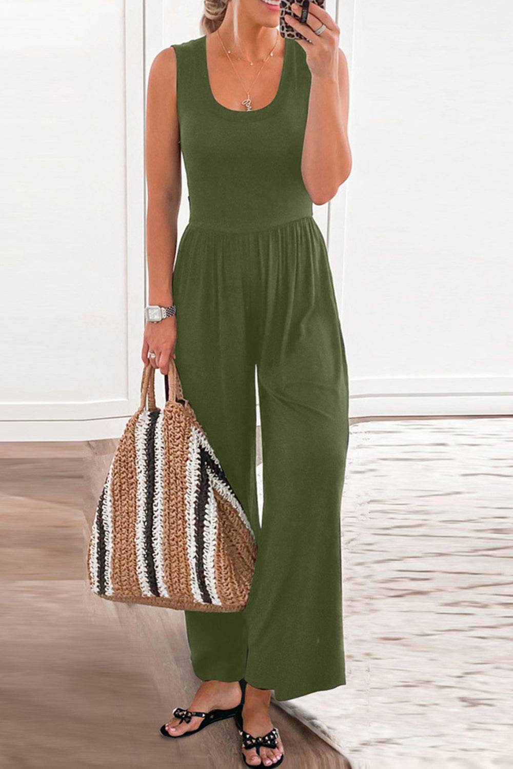 Full Size Scoop Neck Wide Strap Jumpsuit - Hovatok
