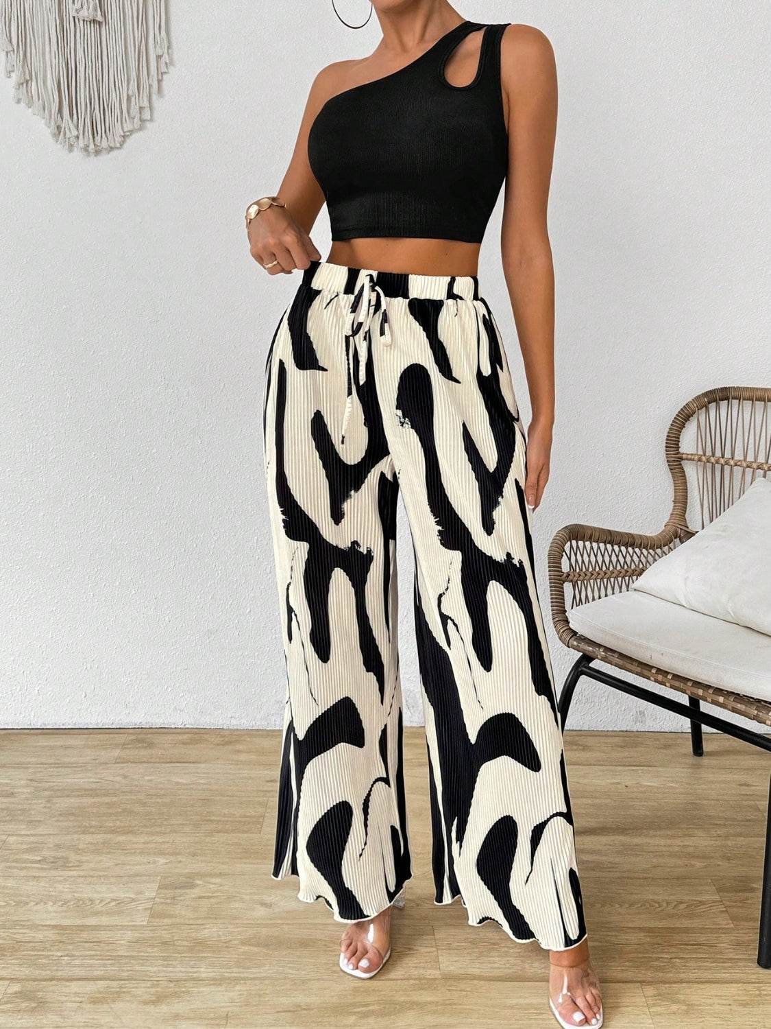 Cutout One Shoulder Top and Printed Pants Set - Hovatok