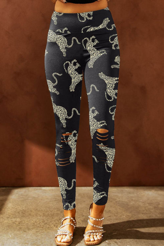 Animal Printed Distressed High Waist Leggings - Hovatok