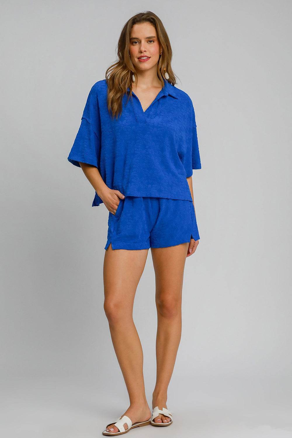 Umgee Floral Elastic Waist Jacquard Shorts with Pockets - Hovatok