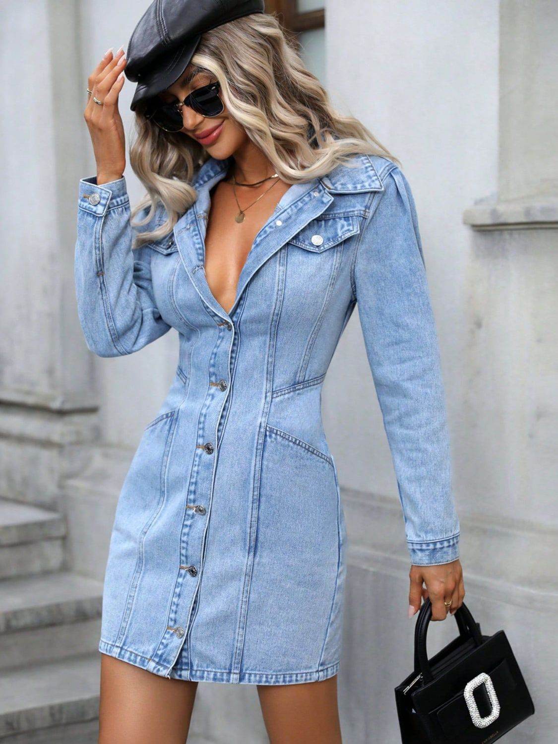 Collared Neck Button Up Denim Dress - Hovatok