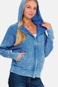 Zenana Washed Zip Up Hooded Jacket - Hovatok
