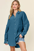 Double Take Full Size Pocketed Texture Button Up Shirt - Hovatok
