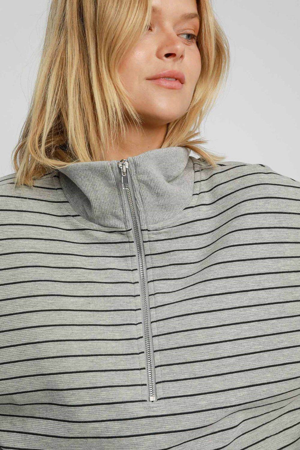 Umgee Striped Half Zip Short Sleeve Sweatshirt - Hovatok