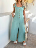 Devine Button Front Knotted Strap Wide Leg Jumpsuit - Hovatok