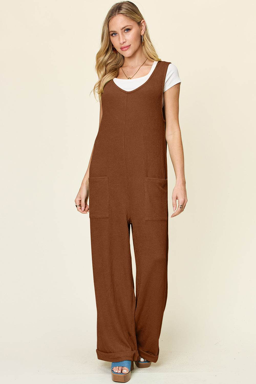 Double Take Full Size Texture Sleeveless Wide Leg Jumpsuit - Hovatok