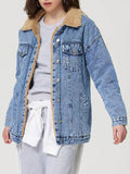 Button Up Collared Neck Plush Denim Jacket - Hovatok