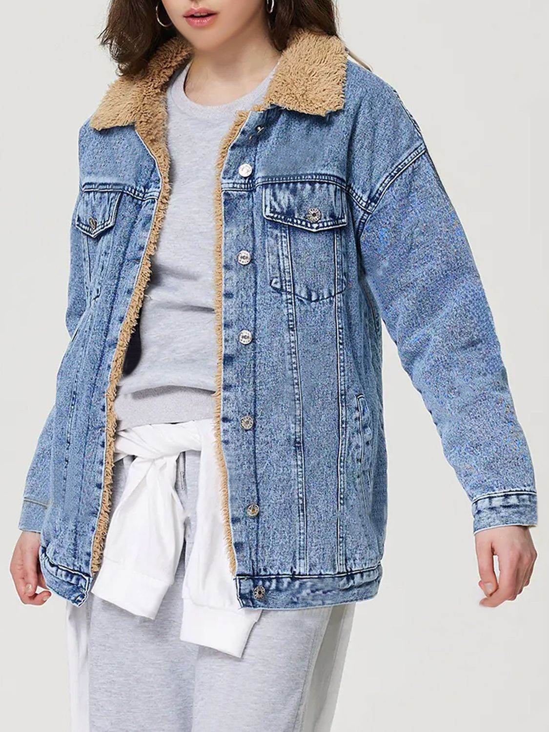 Button Up Collared Neck Plush Denim Jacket - Hovatok