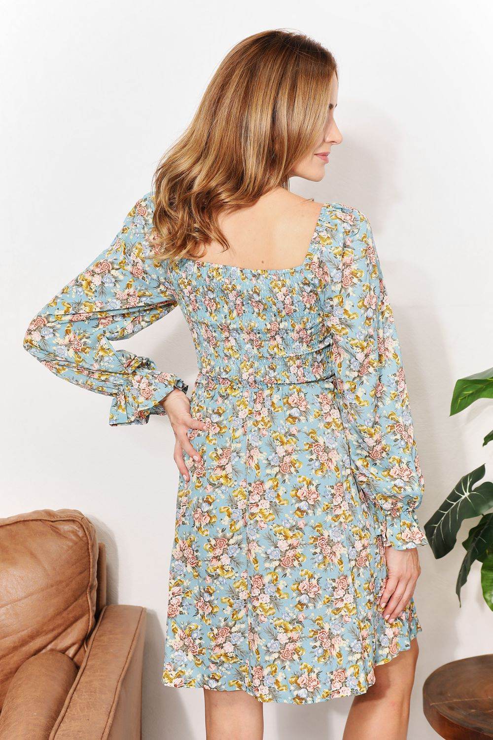 Honey Floral Smocked Flounce Sleeve Square Neck Dress - Hovatok