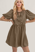 Oh Bow Ruched Puff Sleeve Mini Dress - Hovatok