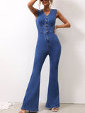 V-Neck Sleeveless Denim Jumpsuit - Hovatok