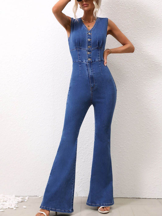 V-Neck Sleeveless Denim Jumpsuit - Hovatok