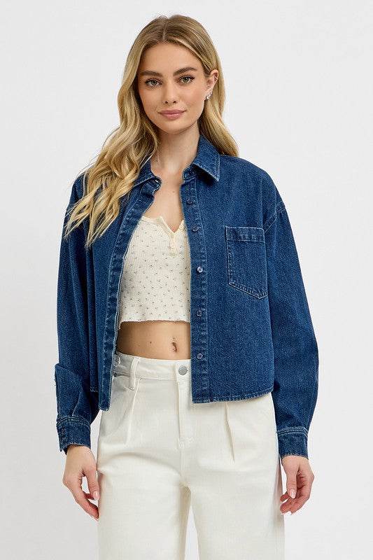 RISEN Button Up Long Sleeve Denim Shacket - Hovatok
