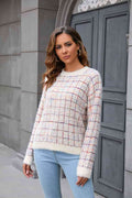 Angel Wings Plaid Round Neck Long Sleeve Pullover Sweater - Hovatok