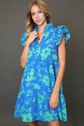 Umgee Full Size Two Tone Floral Print Ruffle Cap Sleeve Mini Dress Plus Size - Hovatok