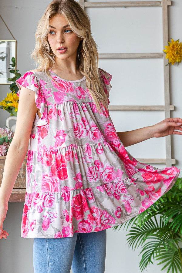 Heimish Full Size Butterfly Sleeve Round Neck Floral Tiered Top Plus Size - Hovatok