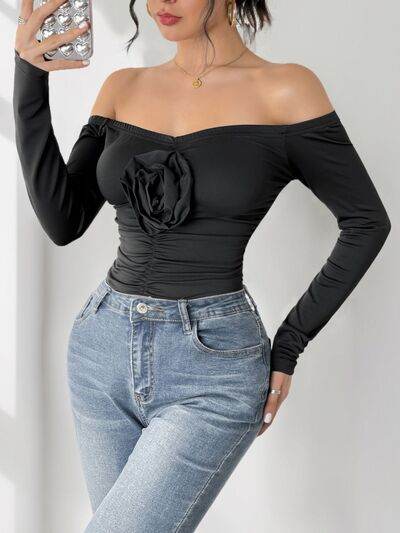 Perfee Ruched Flower Off-Shoulder Long Sleeve Bodysuit - Hovatok