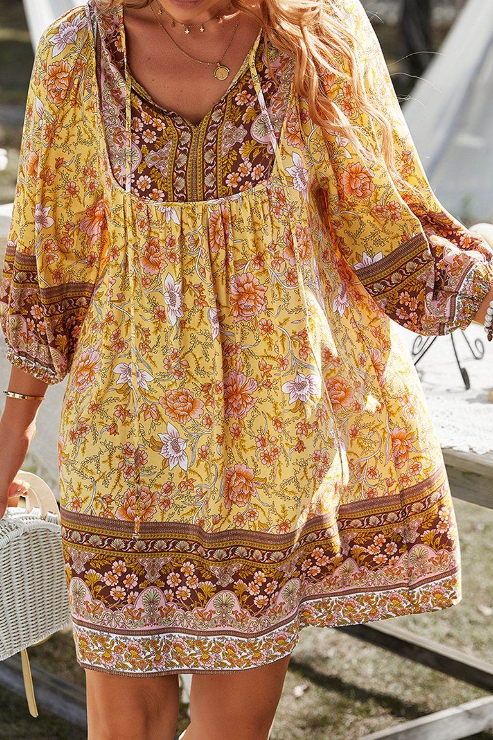 Devine Printed Tie Neck Mini Dress - Hovatok