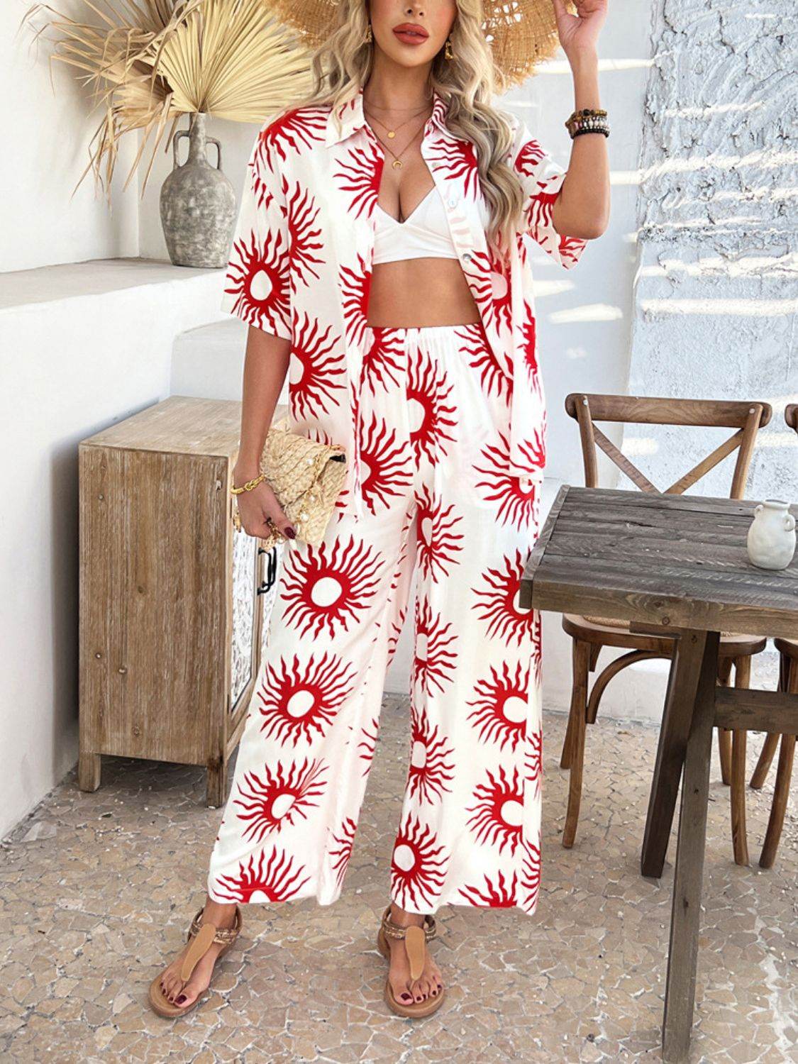 Devine Printed Collared Neck Half Sleeve Top and Pants Set - Hovatok