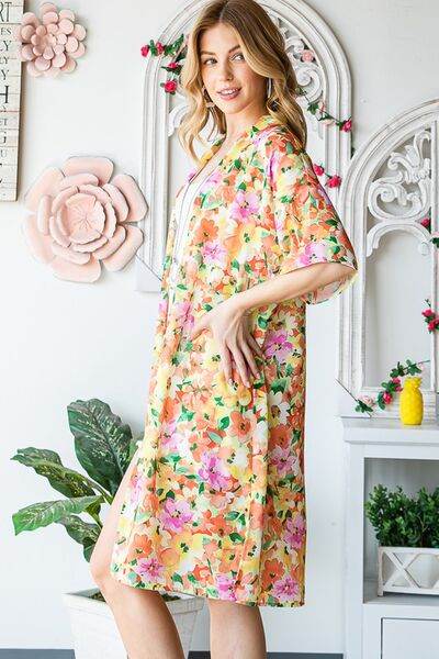 Heimish Full Size Half Sleeve Multi Color Floral Open Cardigan Plus Size - Hovatok