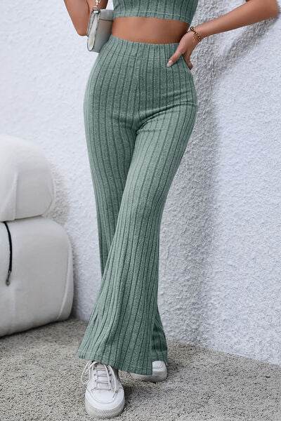 Basic Bae Full Size Ribbed High Waist Flare Pants - Hovatok