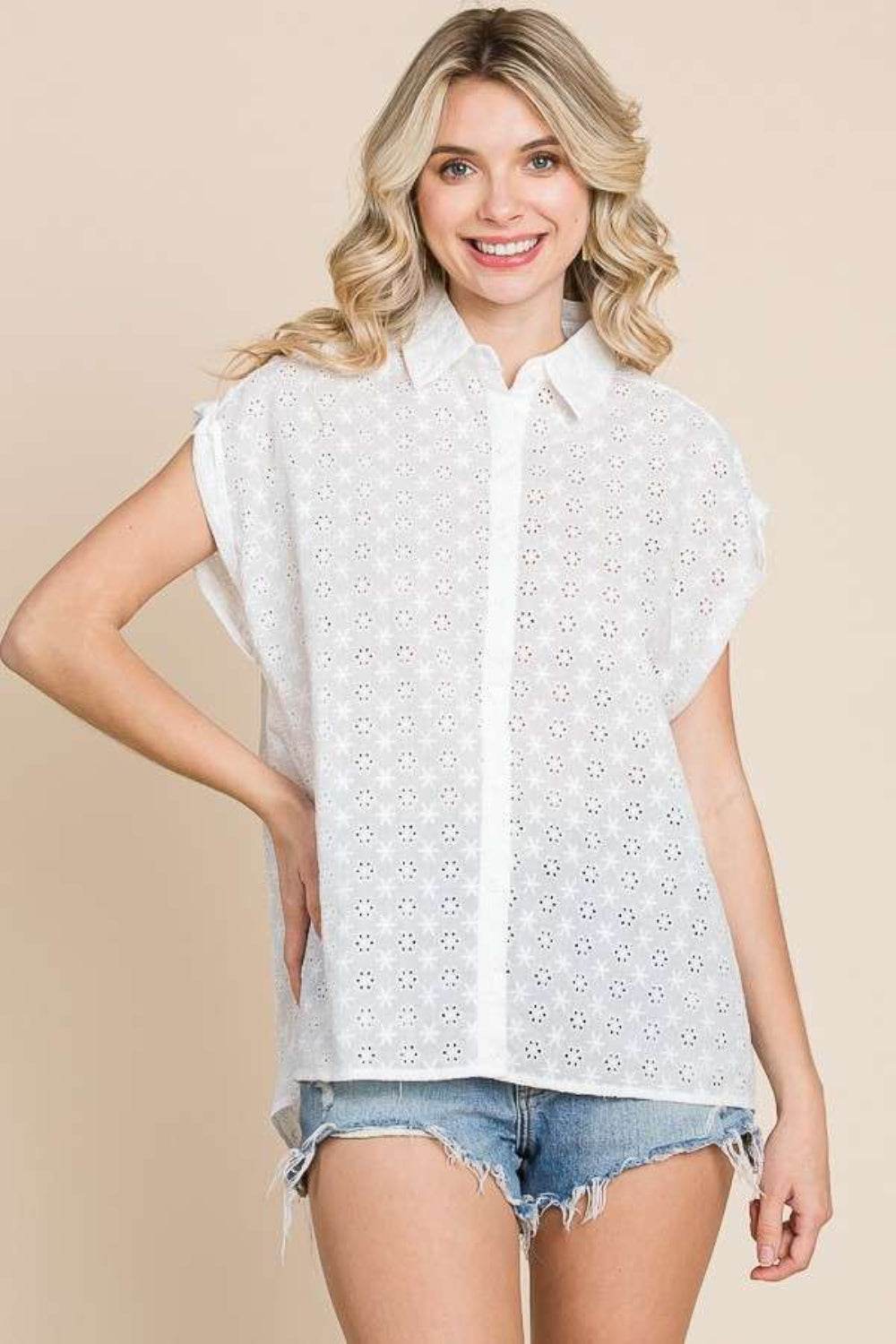 Culture Code Eyelet Crisscross Back Button Up Shirt - Hovatok