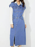 Slit Half Button Collared Neck Cap Sleeve Denim Dress - Hovatok